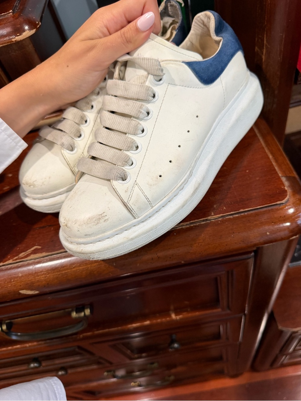 Alexander McQueen White Leather Sneakers with Navy Heel